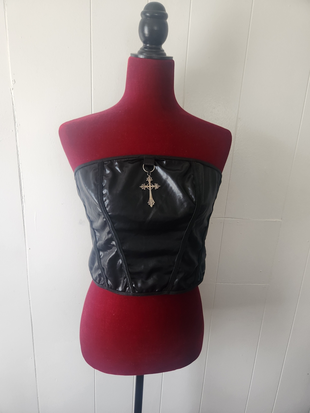 Strapless Black Faux Leather Corset Top with Cross Accent